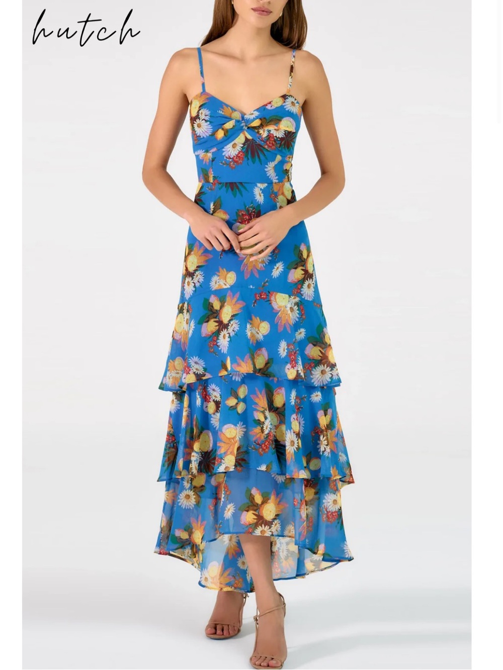 hutch kennedi blue & yellow lemon print tiered high low maxi sun dress small NEW